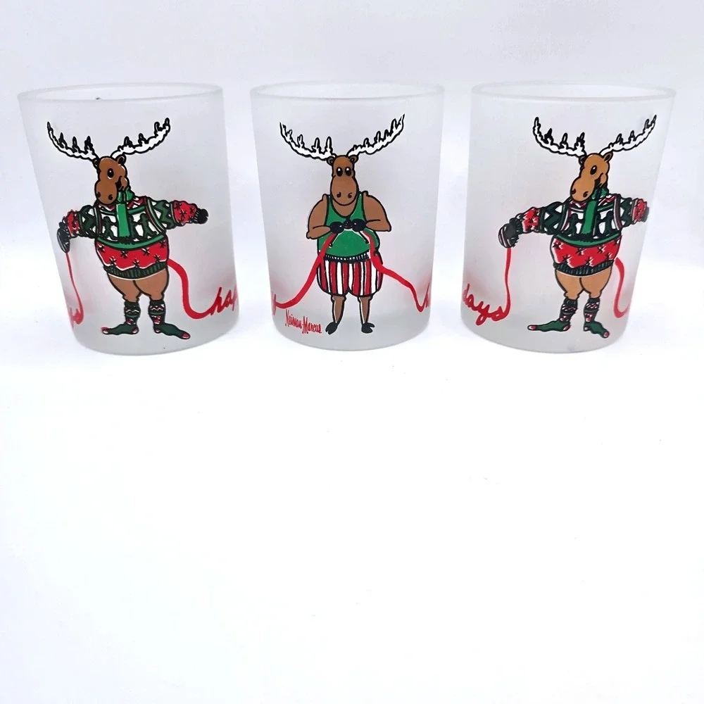 1991 VTG Neiman Marcus Knitting Reindeer Moose‎ Christmas Lowball Glasses Set-3